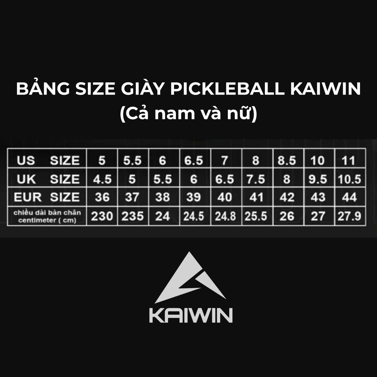 Bảng size giày Kaiwin