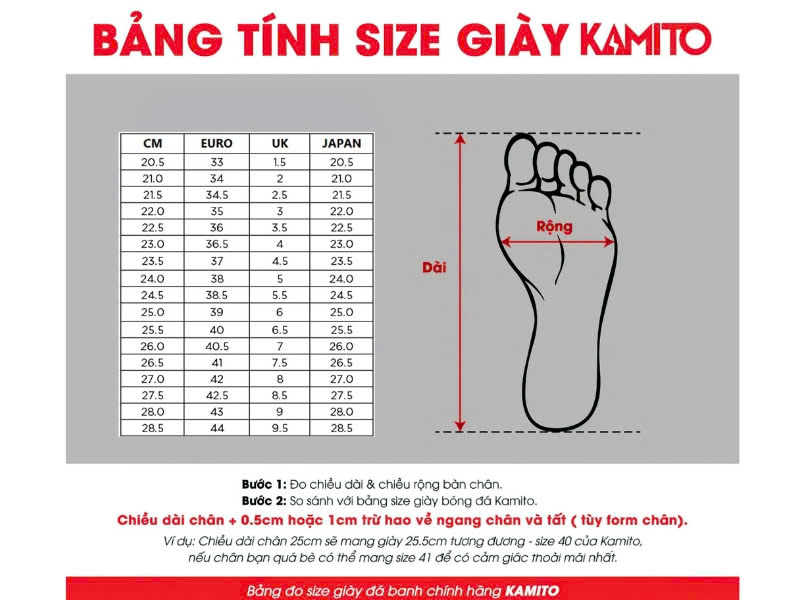 Bảng size giày Kamito