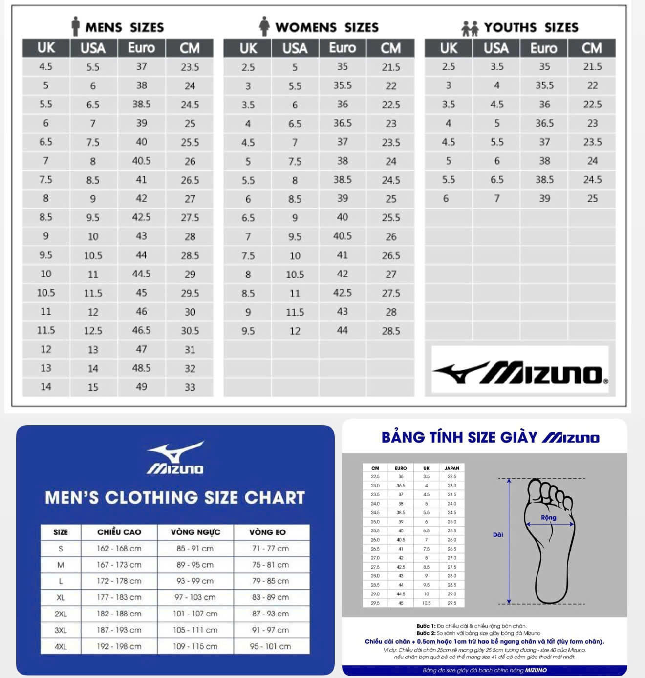 Bảng size giày Mizuno